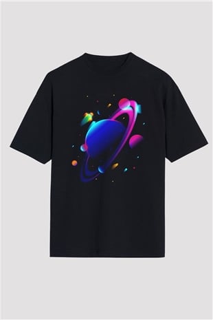 Satürn Siyah Unisex Oversize Tişört T-Shirt