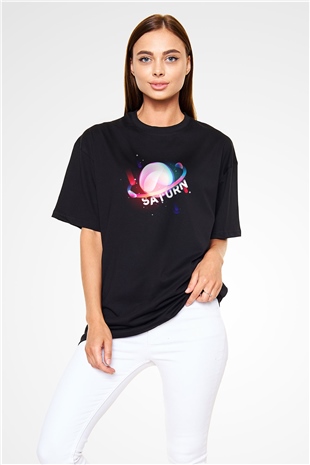 Satürn Siyah Unisex Oversize Tişört T-Shirt