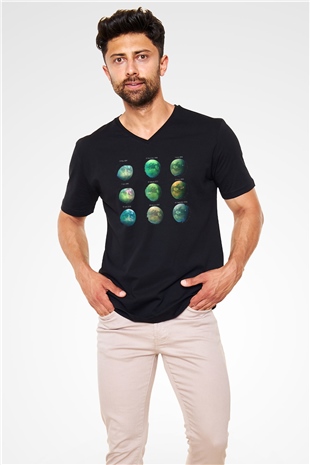 Satürn Siyah Unisex V Yaka Tişört
