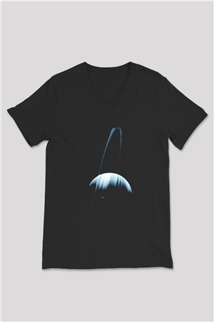 Satürn Siyah Unisex V Yaka Tişört T-Shirt