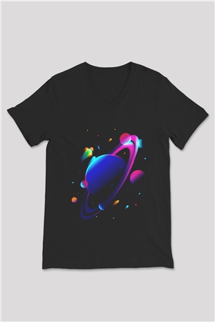 Satürn Siyah Unisex V Yaka Tişört T-Shirt