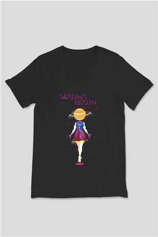 Satürn Siyah Unisex V Yaka Tişört T-Shirt