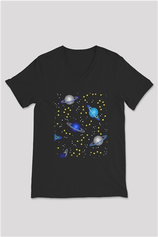 Satürn Siyah Unisex V Yaka Tişört T-Shirt