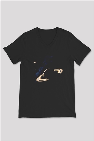 Satürn Siyah Unisex V Yaka Tişört T-Shirt