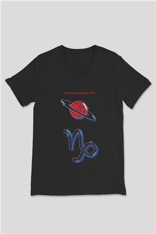 Satürn Siyah Unisex V Yaka Tişört T-Shirt