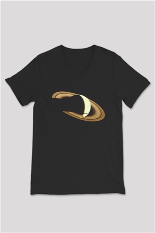 Satürn Siyah Unisex V Yaka Tişört T-Shirt