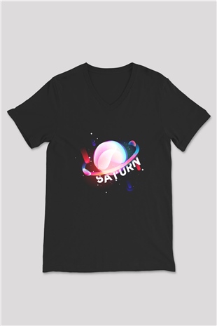 Satürn Siyah Unisex V Yaka Tişört T-Shirt