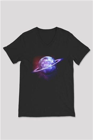 Satürn Siyah Unisex V Yaka Tişört T-Shirt