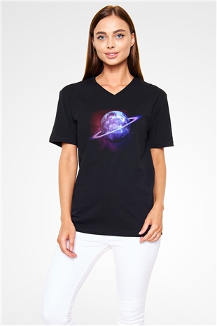 Satürn Siyah Unisex V Yaka Tişört T-Shirt