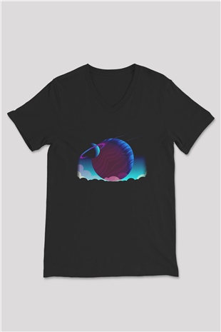 Satürn Siyah Unisex V Yaka Tişört T-Shirt