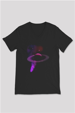 Satürn Siyah Unisex V Yaka Tişört T-Shirt