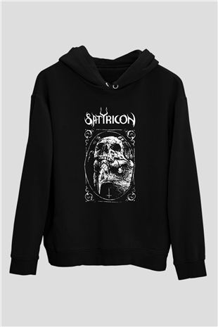 Satyricon Baskılı Unisex Siyah Kapüşonlu Sweatshirt