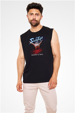 Savatage Baskılı Unisex Siyah Kolsuz Tişört - Tshirt