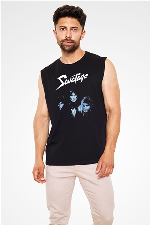 Savatage Baskılı Unisex Siyah Kolsuz Tişört - Tshirt