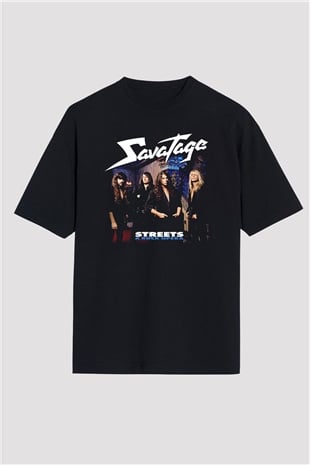 Savatage Baskılı Unisex Siyah Oversize Tişört - Tshirt