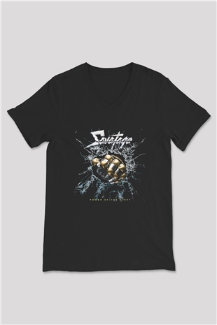 Savatage Baskılı Unisex Siyah V Yaka Tişört - Tshirt