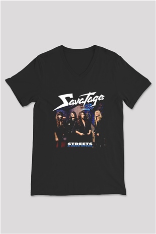 Savatage Baskılı Unisex Siyah V Yaka Tişört - Tshirt