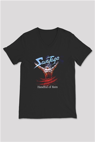 Savatage Baskılı Unisex Siyah V Yaka Tişört - Tshirt