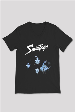 Savatage Baskılı Unisex Siyah V Yaka Tişört - Tshirt
