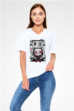 SAW - Billy Baskılı Unisex Beyaz V Yaka Tişört