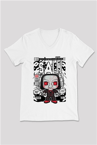 SAW - Billy Baskılı Unisex Beyaz V Yaka Tişört