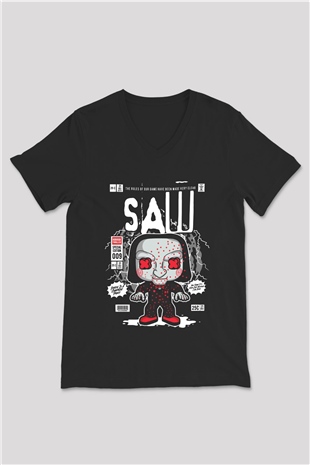 Saw Billy Baskılı Unisex Siyah V Yaka Tişört