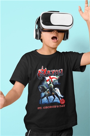 Saxon Baskılı Siyah Unisex Çocuk Tişört