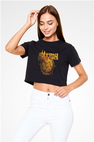 Saxon Siyah Crop Top Tişört