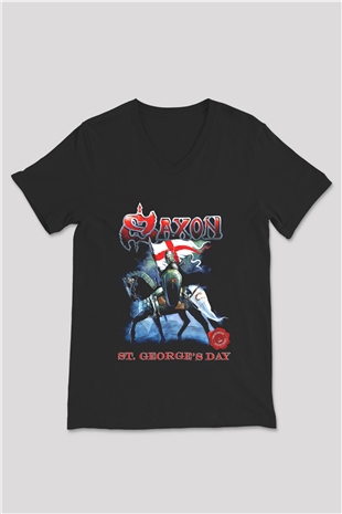 Saxon Siyah Unisex V Yaka Tişört T-Shirt