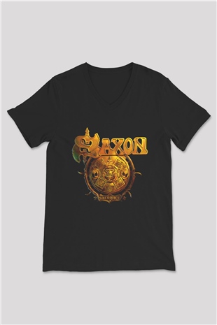 Saxon Siyah Unisex V Yaka Tişört T-Shirt