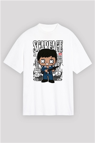 Scarface Baskılı Unisex Beyaz Oversize Tişört