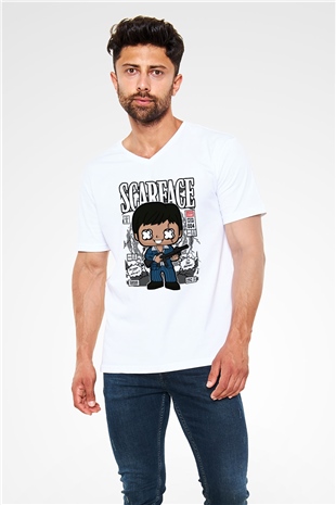 Scarface Baskılı Unisex Beyaz V Yaka Tişört