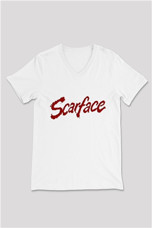 Scarface Beyaz Unisex V Yaka Tişört T-Shirt