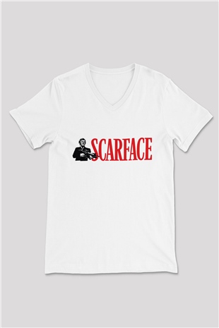 Scarface Beyaz Unisex V Yaka Tişört T-Shirt