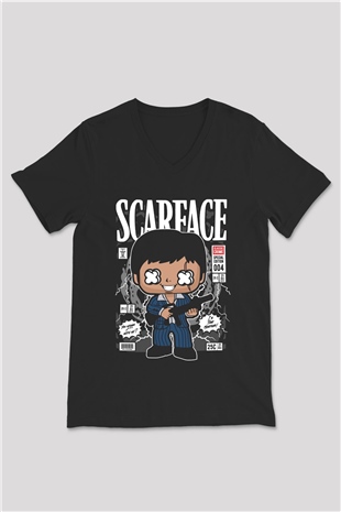 Scarface Tony Montana Baskılı Unisex Siyah V Yaka Tişört