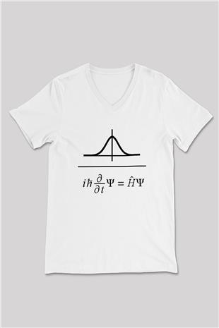 Schrödinger Dalga Denklemi Baskılı Unisex V Yaka Beyaz Tişört - Tshirt