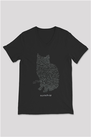 Schrödinger Dalga Denklemi Kedi Baskılı Unisex Siyah V Yaka Tişört