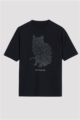 Schrödinger Dalga Denklemi Kedi Baskılı Unisex Siyah Oversize Tişört