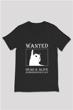 Schrödingerin Kedisi Aranıyor Baskılı Unisex V Yaka Siyah Tİşört - Tshirt