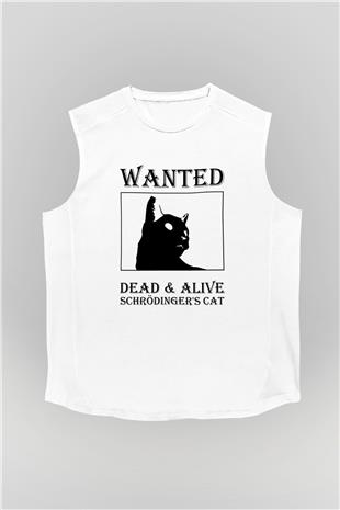 Schrödingerin Kedisi Aranıyor Baskılı Unisex Kolsuz Beyaz Tişört - Tshirt
