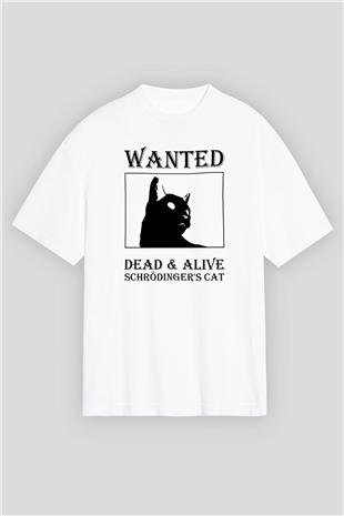 Schrödingerin Kedisi Aranıyor Baskılı Unisex Oversize Beyaz Tişört - Tshirt