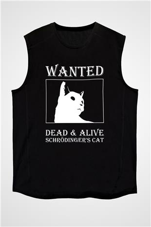 Schrödingerin Kedisi Aranıyor Baskılı Unisex Kolsuz Siyah Tişört - Tshirt