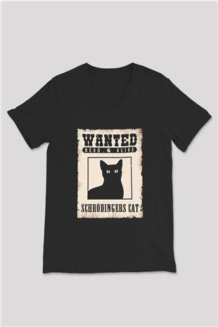 Schrödingerin Kedisi Aranıyor İlan Baskılı Unisex V Yaka Siyah Tİşört - Tshirt