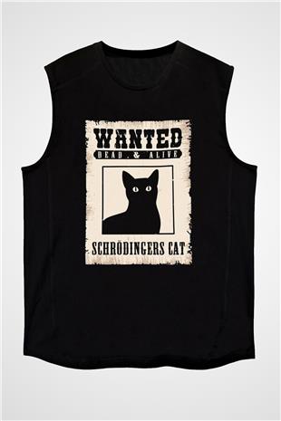 Schrödingerin Kedisi Aranıyor İlan Baskılı Unisex Kolsuz Siyah Tişört - Tshirt