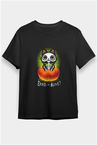 Schrödingerin Kedisi Balkabağı Baskılı Unisex Siyah Tişört - Tshirt
