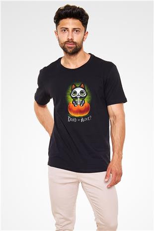 Schrödingerin Kedisi Balkabağı Baskılı Unisex Siyah Tişört - Tshirt