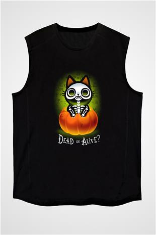 Schrödingerin Kedisi Balkabağı Baskılı Unisex Kolsuz Siyah Tişört - Tshirt
