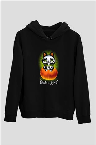 Schrödingerin Kedisi Balkabağı Baskılı Unisex Siyah Kapüşonlu Sweatshirt
