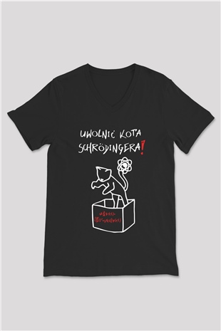 Schrödingerin Kedisi  Baskılı Unisex Siyah V Yaka Tişört