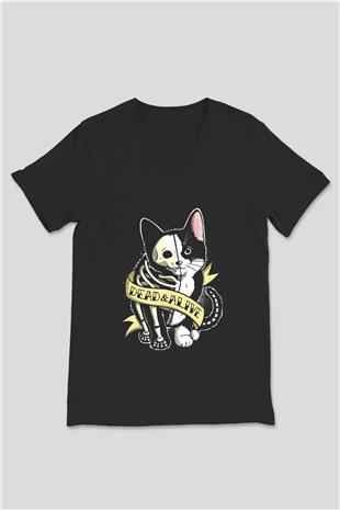 Schrödingerin Kedisi Canlı Ölü Baskılı Unisex V Yaka Siyah Tİşört - Tshirt